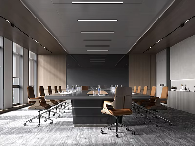 Modern Conference Room Interior Design With Long Table Leather Chairs Windows And Natural Light 3d model