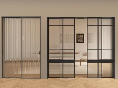 Modern Interior Sliding Doors Design With Ribbed Glass And Grid Frame Panels 3d model