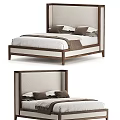 Double Bed Featuring Wooden Frame Upholstered Headboard Brown White Pillows and White Sheets