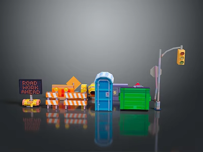 Road Work Construction Miniature Models With Traffic Lights Cones Trash Bin And Signage 3d model