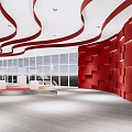 Modern Exhibition Hall Interior With Red Curved Ceiling Decor White Displays And City Silhouette Models