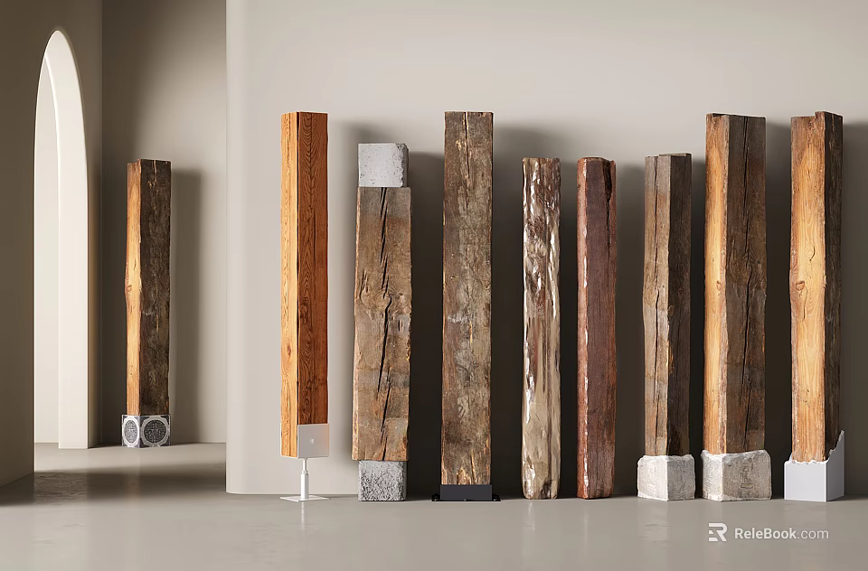 Decorative Wooden Pillars Showcasing Diverse Textures And Stone Bases In Interior Design 3d model 