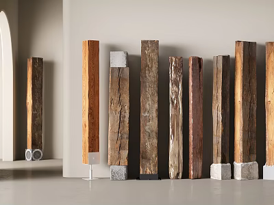 Decorative Wooden Pillars Showcasing Diverse Textures And Stone Bases In Interior Design 3d model
