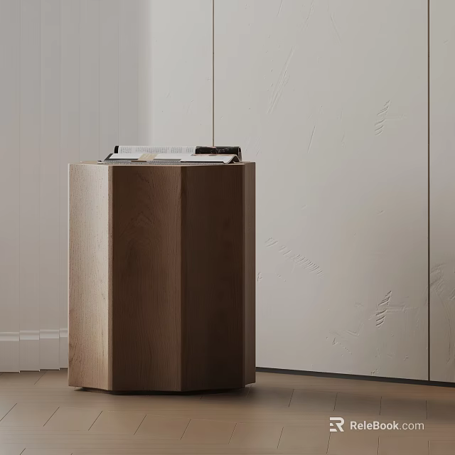 Hexagonal Wooden Side Table with Minimalist Design and Books on Top in Modern Room 3d model 