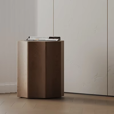 Hexagonal Wooden Side Table with Minimalist Design and Books on Top in Modern Room 3d model