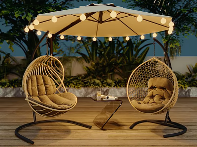 Outdoor Rattan Hanging Chairs With Cushions On Wooden Deck Under Umbrella And String Lights 3d model