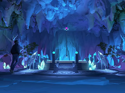 Cartoon Cave Scene with Icicles Glowing Crystals Central Steps Plants and Silhouette Figure 3d model