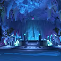 Cartoon Cave Scene with Icicles Glowing Crystals Central Steps Plants and Silhouette Figure