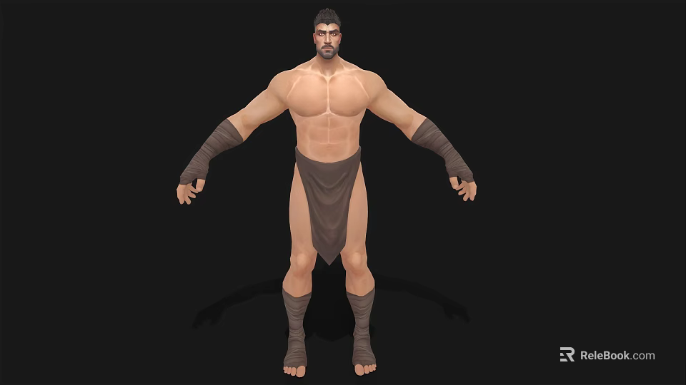 Muscular Shirtless Man With Brown Loincloth Arm Wraps And Leg Bindings Standing On Black Background 3d model 