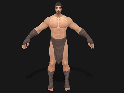 Muscular Shirtless Man With Brown Loincloth Arm Wraps And Leg Bindings Standing On Black Background 3d model