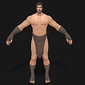 Muscular Shirtless Man With Brown Loincloth Arm Wraps And Leg Bindings Standing On Black Background