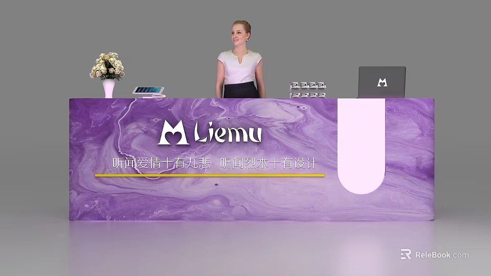 Purple Marble Reception Desk With Liemu Logo Flower Vase Laptop And Female Staff 3d model 