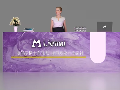 Purple Marble Reception Desk With Liemu Logo Flower Vase Laptop And Female Staff 3d model