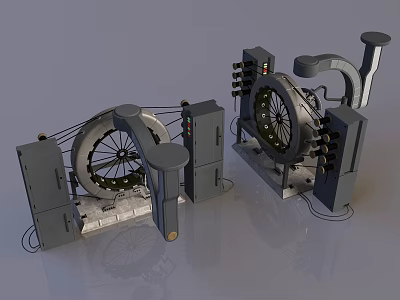 Industrial Mechanical Equipment Featuring Circular Wheels Control Panels Cables And Metal Frames 3d model