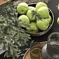 Ornamental Decor Set With Green Apples Glass Vases Olive Branches And Coffee Cup