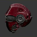 Red Mechanical Weapon Helmet With Two Black Circular Lenses White Splatters And Metal Base