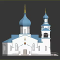 Traditional Russian Church Building With White Exterior Blue Domes Golden Crosses Bell Tower And Mural