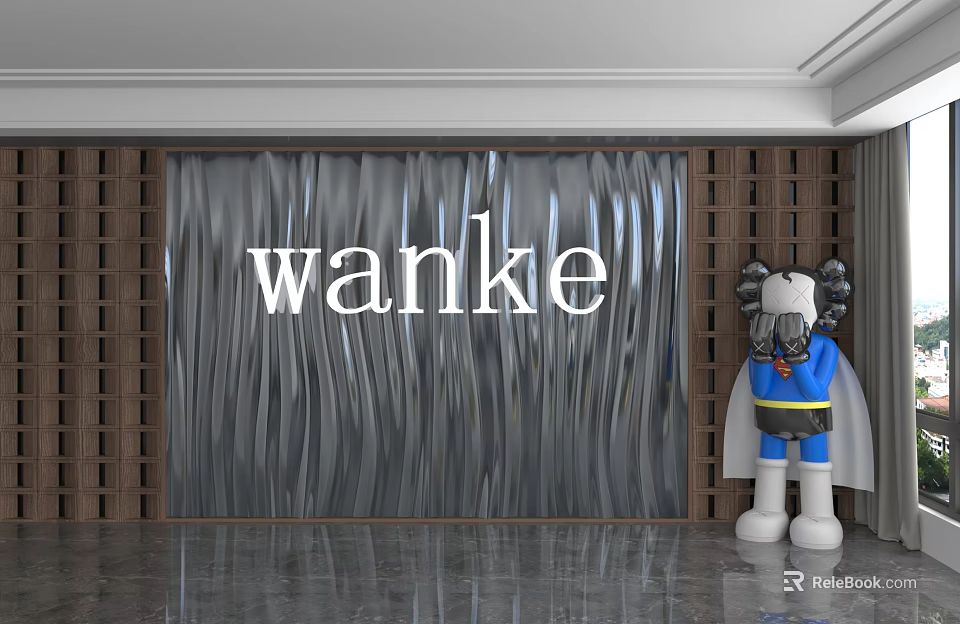 Silver Wavy Texture Background Wall Featuring Wooden Grid Panels Wanke Lettering and Beside Cartoon Doll 3d model 