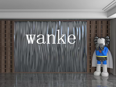 Silver Wavy Texture Background Wall Featuring Wooden Grid Panels Wanke Lettering and Beside Cartoon Doll 3d model