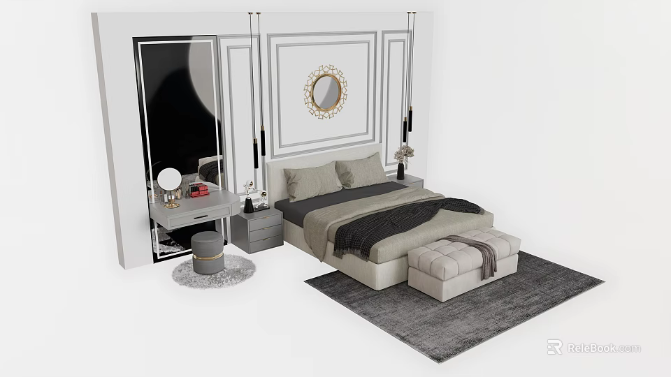 Modern Background Double Bed Interior With Bedside Table Mirror And Ottoman Rug 3d model