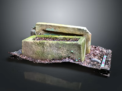 Moss Covered Stone Sink Structure With Fallen Leaves And Exposed Pipes 3d model