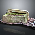 Moss Covered Stone Sink Structure With Fallen Leaves And Exposed Pipes 3d model