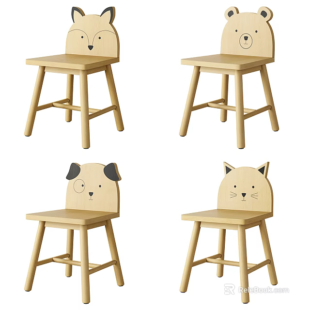 Kids Wooden Chair with Cute Animal Face Design and Dog Cat Patterns for Children 3d model 