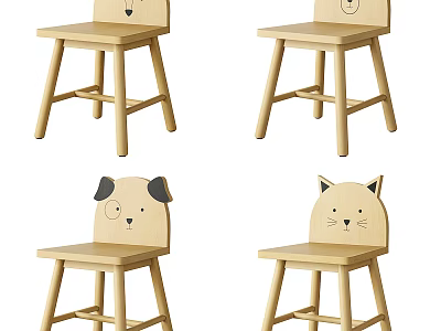 Kids Wooden Chair with Cute Animal Face Design and Dog Cat Patterns for Children 3d model