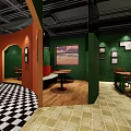 Tea House Interior With Green Walls Wooden Floors Long Table Black Ceiling And Decorative Clock