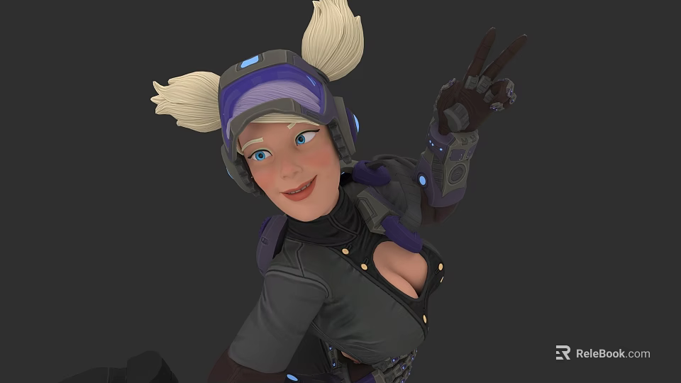 Futuristic Woman With Blonde Hair Wearing Helmet And Combat Suit Making Peace Sign 3d model 