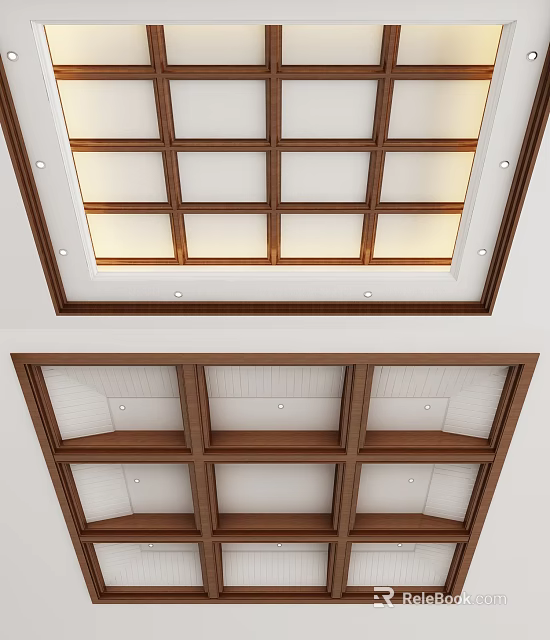 Elegant Wooden Ceiling Design With Square Grid Frame White Panels And Recessed Lighting 3d model 