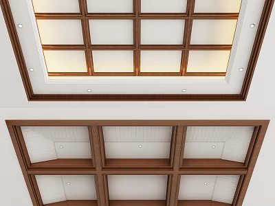 Elegant Wooden Ceiling Design With Square Grid Frame White Panels And Recessed Lighting 3d model