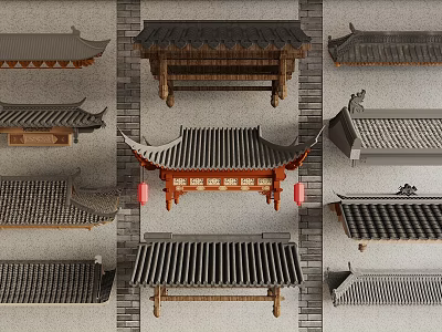 Traditional Chinese Architectural Components Showcasing Various Classical Roof Styles And Eaves 3d model