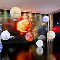 Space Exhibition Scene With Astronaut Planets Sun Rocket And Chinese Flag