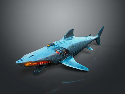 Blue Mechanical Shark With Glowing Eyes Mouth And Sci Fi Futuristic Design 3d model
