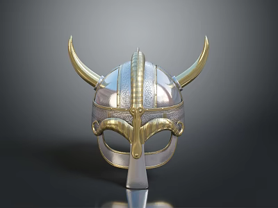 Viking Warrior Helmet Silver Metal Design With Golden Horns And Ornate Carvings 3d model