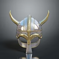 Viking Warrior Helmet Silver Metal Design With Golden Horns And Ornate Carvings