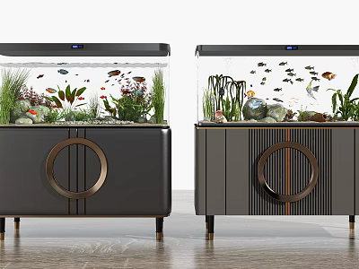 Two Modern Aquarium Fish Tanks on Decorative Cabinets with Aquatic Plants and Fish 3d model