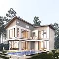 Modern Two Story Detached Villa with Large Windows Surrounded by Trees and Front Water Feature