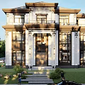 Two Story Detached Villa With White Exterior Brown Roof Columns And Palm Trees