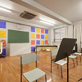 Music Classroom Interior With Piano Wooden Floor Chairs Blackboard And Windows