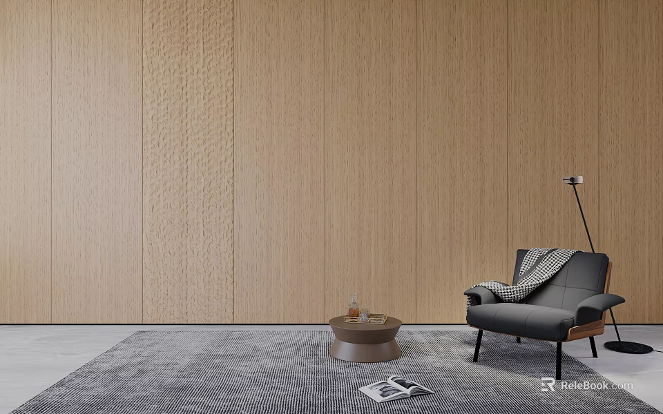Modern Wooden Wall Paneling Interior With Gray Sofa Coffee Table And Floor Lamp 3d model 