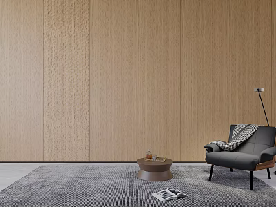 Modern Wooden Wall Paneling Interior With Gray Sofa Coffee Table And Floor Lamp 3d model