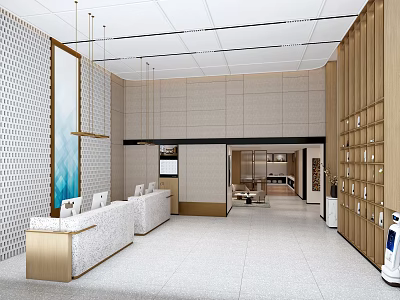 Elegant Modern Hotel Lobby Interior Design With Wooden Panels Tiled Floor And Reception Area 3d model