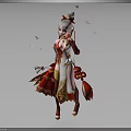 Elegant Female Character In Red White Traditional Costume With Pink Petals Floating And Staff
