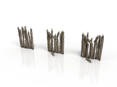 Three Rustic Handmade Wooden Fences With Unique Designs On White Reflective Surface 3d model