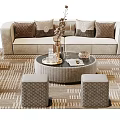 Elegant Modern Sofa Coffee Table Set With Round Table Beige Cushions And Carpet 3d model