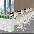 Modern Office Desks In Open Workspace With White Chairs Green Plants And City View