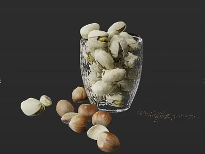 Pistachios and Hazelnuts in Glass Cup with Scattered Nuts on Dark Background 3d model