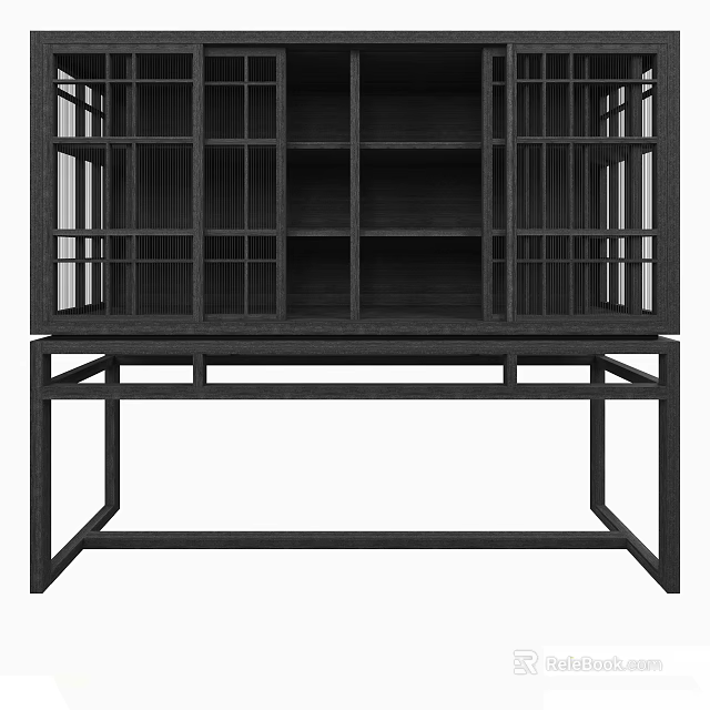 Modern Black Decorative Cabinet With Lattice Doors Open Shelves And Frame Base 3d model 